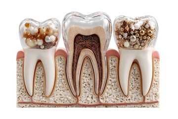 Detailed tooth anatomy cross section showcasing decay and healthy structure for dental education purposes on transparent background