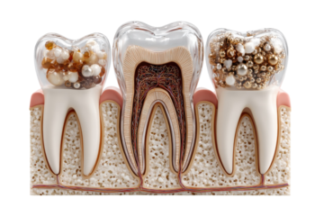 Detailed tooth anatomy cross section showcasing decay and healthy structure for dental education purposes on transparent background