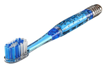 Close up of a blue toothbrush with a transparent handle and silver accents on transparent background