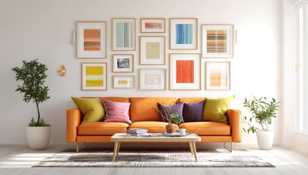 A modern, brightly colored living room with art displayed on the wall