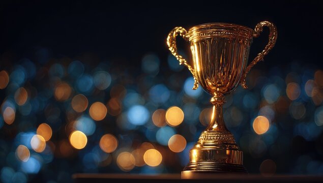 Gold trophy on a dark background with bokeh