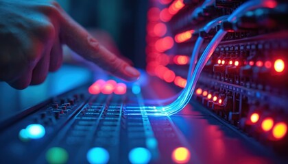 Close up of hand adjusting cables on sound mixing desk with colorful lights. Technology connection, audio production, music creation and network data stream.