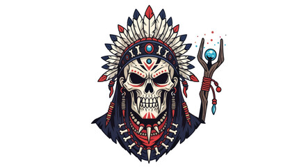 Skull adorned with Native American headdress and holding a staff.