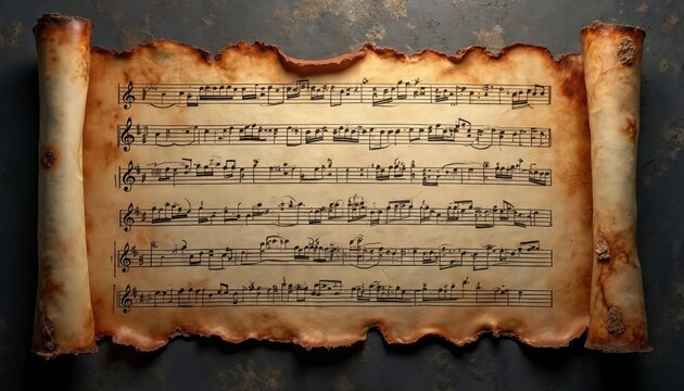 Antique musical score on aged parchment scroll with burnt edges. Classical music notation detail, historical manuscript art. Vintage paper texture and dark backdrop create mood.