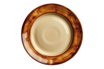 Elegant beige plate with a brown rim perfect for food presentation and table setting on transparent background