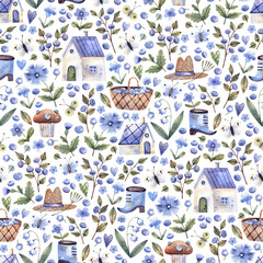Hand-painted seamless pattern with cute cottages, blue roofs, blueberries and flowers, watercolor design for home textiles and kids apparel
