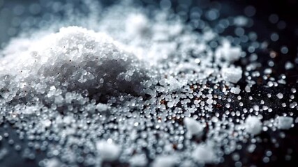 Extreme close up of coarse sea salt crystals and grains bouncing and falling onto a dark, textured surface, showcasing the detailed structure and movement of the seasoning in dramatic slow motion
