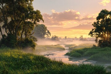 Misty river valley at sunrise