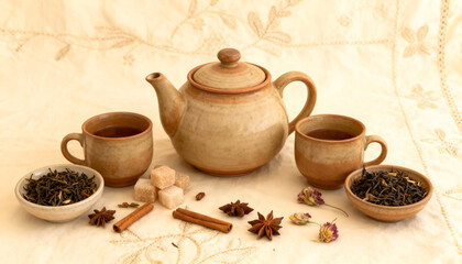 Clay teapot with matching cups served with loose tea leaves, sugar cubes and spices on embroidered fabric creating warm traditional tea setting