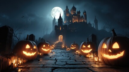 a spooky halloween night with glowing jackolanterns leading to a haunted castle under a full moon