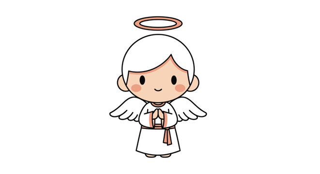 Adorable Cartoon Angel with Halo and Wings Praying.