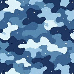 Naklejka premium Blue camouflage pattern with irregular shapes and small white stars. This seamless texture is suitable for backgrounds, textile prints and graphic designs. Modern abstract art.