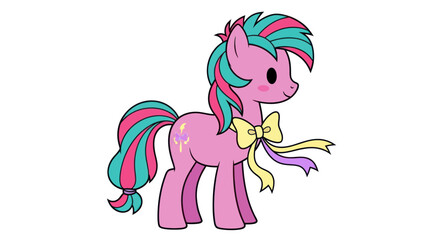 Cute Pink Cartoon Pony with Colorful Mane Tail and Yellow Bow.