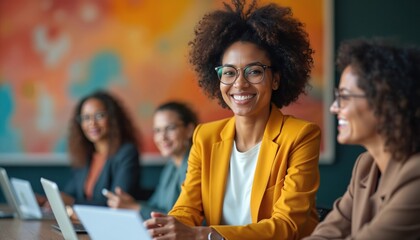 Obraz premium Diverse business women collaborate in modern office meeting, focus on female leader smiling. Team plans strategy, brainstorms ideas, works on laptops. Innovation and teamwork.