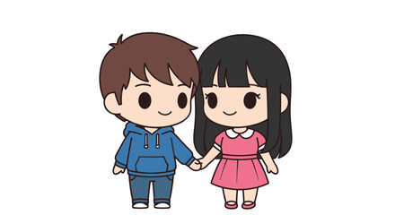 Adorable Chibi Couple Holding Hands in Cute Cartoon Style.