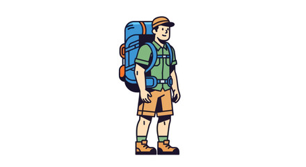 Cartoon Man with Large Backpack Ready for Adventure.