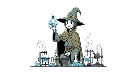 Cartoon Witch Holding Glowing Potion in Laboratory Setting.