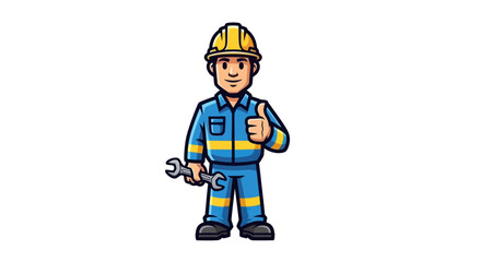 Cartoon construction worker in blue overalls and yellow hard hat holding a wrench and giving a thumbs up.