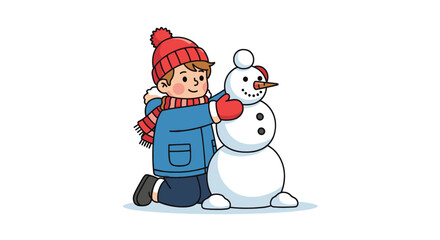 Boy Building a Snowman with Red Hat and Scarf.
