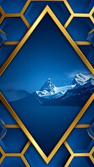 Mountain landscape framed by gold, blue hexagons