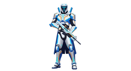 Futuristic Armored Soldier with Glowing Blue Rifle and High-Tech Suit.