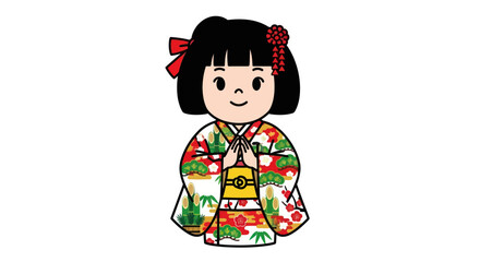 Cartoon Girl in Kimono with Bows Traditional Japanese Clothing.