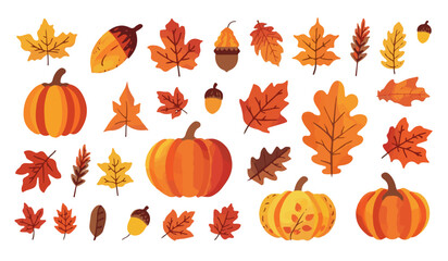 Vector design of Set Autumn element illustration with a simple flat design style, featuring vibrant orange, yellow, and red hues, set against a soft cream or white background