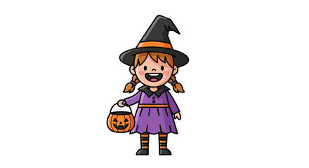 Cartoon Witch Girl with Pumpkin Bucket in Purple Dress and Black Hat.