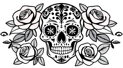 Intricate black and white illustration of a decorated skull surrounded by roses.