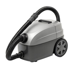 Modern gray portable canister vacuum cleaner with hose and wheels isolated on transparent background