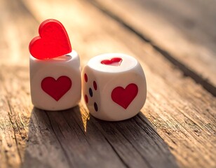Three white dice with red hearts on a rustic wooden surface