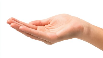 close up of a woman hand isolated on white background detail of female hand with palm up receiving or holding something side view of open palm showing something isolated over white background no logo