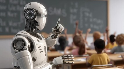 A robot is pointing at a chalkboard with a group of children in the background. The robot is teaching the children something - Powered by Adobe