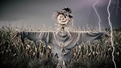 An old, tattered scarecrow stands guard over a ripening cornfield as a sudden summer storm breaks overhead, highlighted by a vivid flash of lightning against the darkening clouds - Powered by Adobe