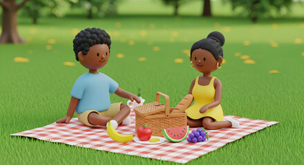A 3D rendered scene depicts a couple having a picnic at a park on a sunny day. Between the two figures is a woven wicker picnic basket with a lid.