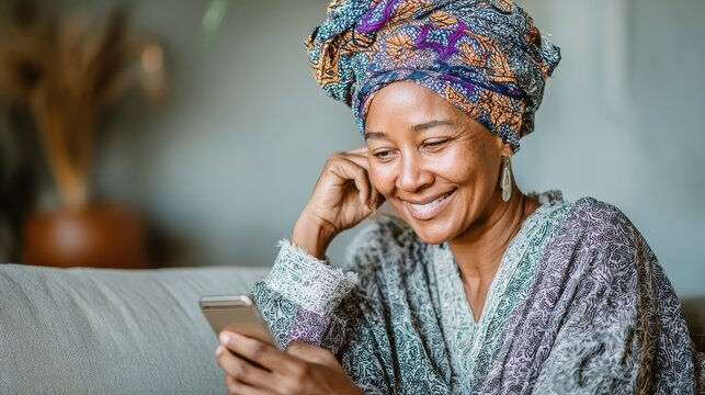 smiling middle aged african woman with traditional head turban sitting on couch at home using smartphone beautiful african american woman with typical headscarf scrolling through internet on phone no