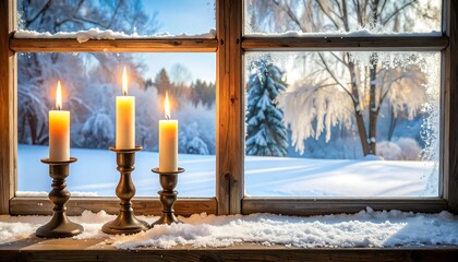 Window view of snowy landscape with lit candles inside, creating a warm/cold contrast