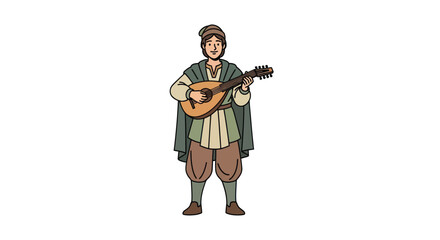 Medieval Musician Playing a Lute with a Cape and Hat.
