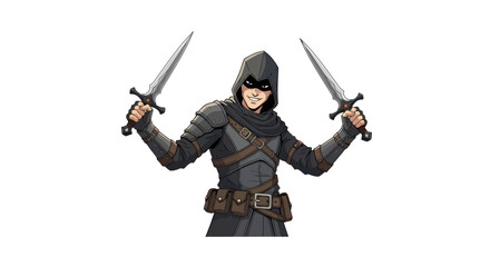 Smiling Assassin with Daggers: Hooded Figure in Dark Armor.