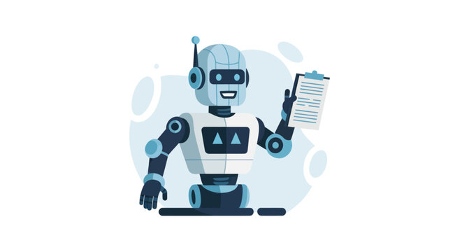 Friendly Robot Holding Clipboard Presenting Information and Data.