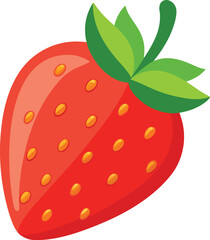 Vibrant red strawberry with green leaves and seeds isolated on white background