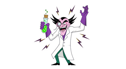 Mad scientist with wild hair and glowing potion wearing lab coat and purple gloves surrounded by lightning bolts.