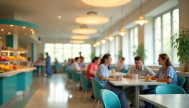 Hospital cafeteria with patients and staff eating meals. Bright lighting illuminates tables and healthy food options in a communal dining area. People during lunch break in a busy healthcare setting.