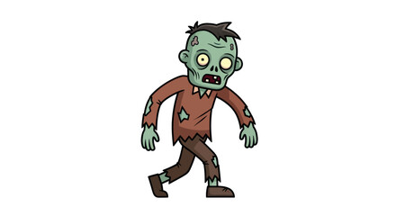 Cartoon Zombie Walking with Torn Clothes and Green Skin.