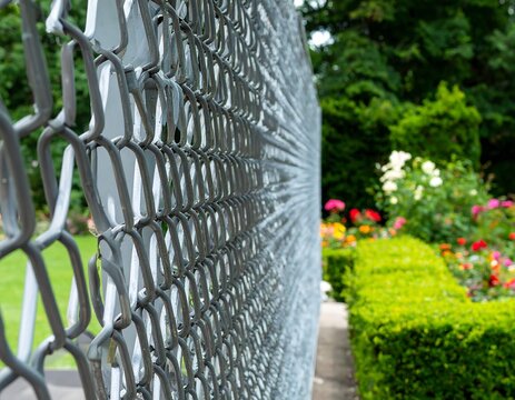 Chain-link fence bordering a flower garden