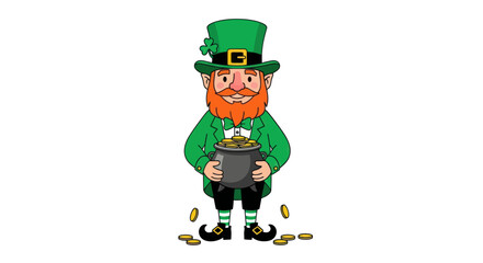 Cartoon Leprechaun Holding Pot of Gold Coins Smiling.
