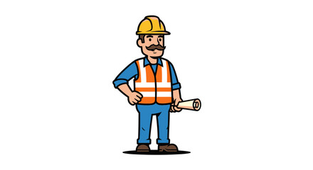 Cartoon Construction Worker with Yellow Hard Hat and Blueprint.