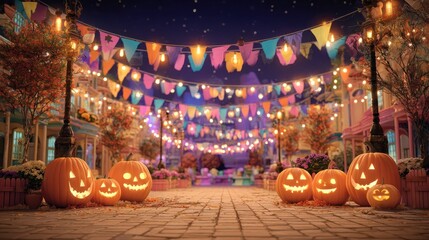 a festive halloween scene with carved pumpkins colorful banners and glowing lights the atmosphere is cheerful and inviting perfect for celebrations