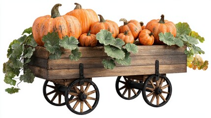 wooden cart filled with orange pumpkin and green leaves rustic autumn harvest decoration isolated on transparency background cheerful seasonal display for thanksgiving or halloween