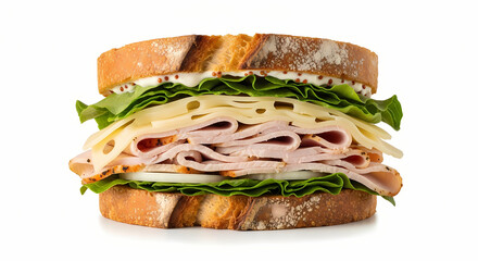 Turkey sandwich on rustic bread with white cheddar and lettuce in bright studio lighting for food advertising.